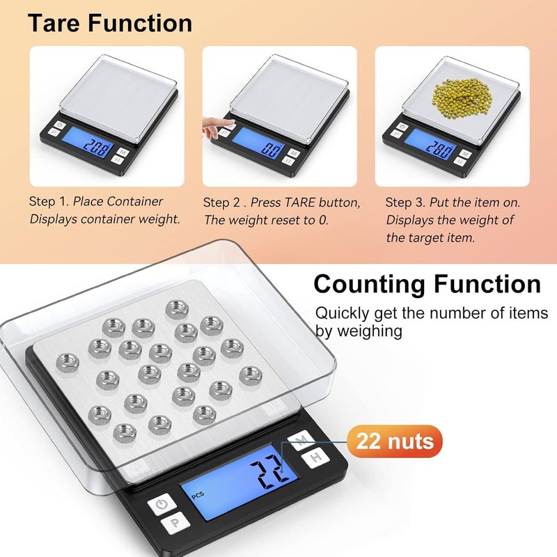 BOMATA Upgraded Small Food Scale, 0.1 g/0.001 oz High Precision, 3000 g/6.6 lb, with New Hold Function and Larger Display, USB Rechargeable, Digital Kitchen Scale for Small Item, Jewelry. Black - Image 5